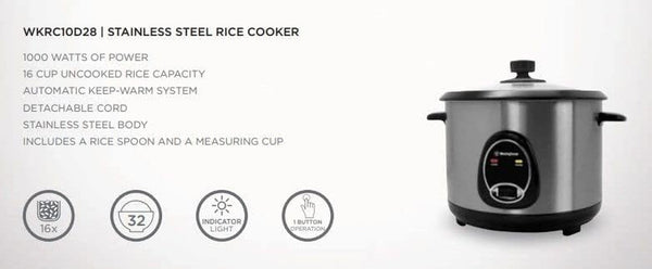 Westinghouse 220 Volts Rice Cooker 16 Cup, Non Stick Cooking Pot, Measuring Cup, Keep Warm Function-Stainless Steel-1000W (NOT for USE in USA)4