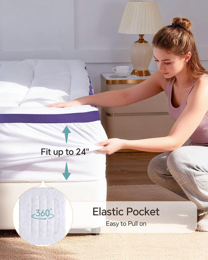 Dual Layer 4 Inch Memory Foam Mattress Topper Queen | 2 Inch Gel Memory Foam and 2 Inch Pillow Top Mattress Pad Cover, 7-Zone Egg Crate & 2-In-1 Design (White)6