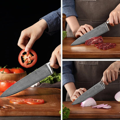 EDIB Damascus Chef Knife Set, VG10 Core Blades, 6-Pcs Kitchen Knives | Six Damascus Chef Knives with 67-Layer VG10 Damascus Steel for All Kitchen Needs, Pakkawood Handles and Wooden Gift Box4