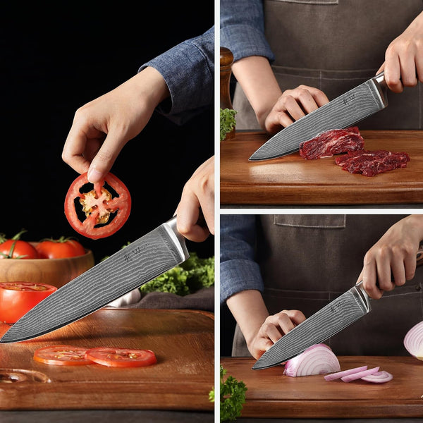 EDIB Damascus Chef Knife Set, VG10 Core Blades, 6-Pcs Kitchen Knives | Six Damascus Chef Knives with 67-Layer VG10 Damascus Steel for All Kitchen Needs, Pakkawood Handles and Wooden Gift Box4