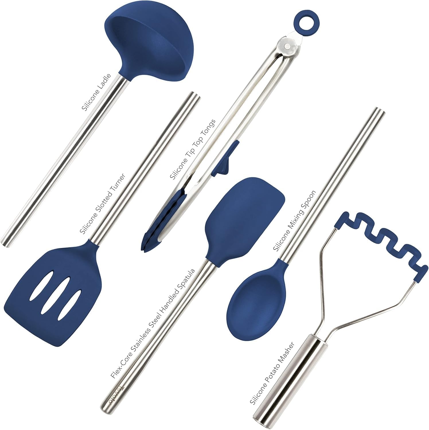 silicone-cooking-utensil-set-of-6-stainless-steel-handle-ladle-slotted-turner-tongs-flex-core-spatula-scraper-mixing-spoon-potato-masher-dishwasher-safe-bpa-free-utensils-deep-indigo