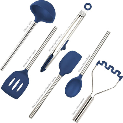 Silicone Cooking Utensil Set of 6 Stainless Steel Handle Ladle Slotted Turner Tongs Flex Core Spatula Scraper Mixing Spoon & Potato Masher, Dishwasher Safe BPA Free Utensils, Deep Indigo3