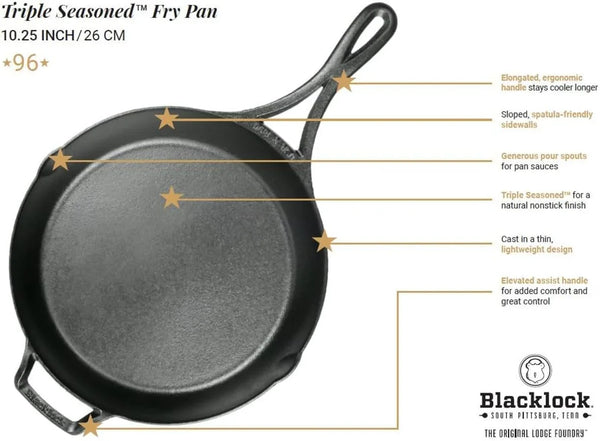 Blacklock 10.25" Triple Seasoned Cast Iron Skillet - Lightweight - Easy Cleanup - Premium Cookware10