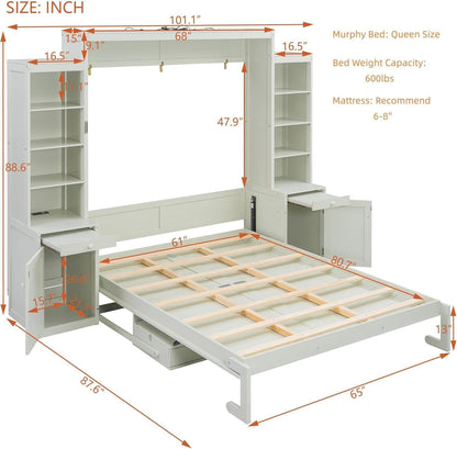 Queen Size Murphy Bed with Desk and Lights, Power Outlet, Foldable Murphy Cabinet Bed with Open Storage Shelves & Drawers, Wood Space-Saving Hidden Wall Bed for Guest Room Office, Antique White2