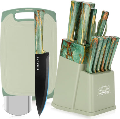 16-Piece Kitchen Knife Block Set with Cutting Board - German Stainless Steel Knives, Built-In Sharpener, Dishwasher Safe, Anti-Slip Handle - All-In-One Cutlery Set for Home/Kitchen (Cyan)1
