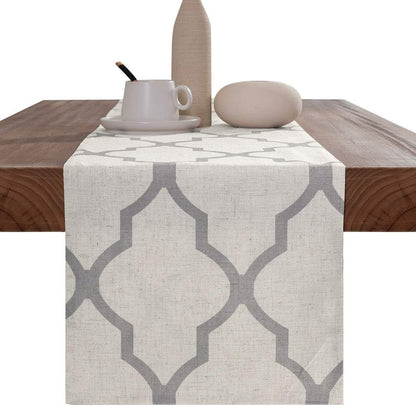 Moroccan Tile Table Runner Linen Textured for Kitchen Geometric Trellis Printed Table Cover 1 Panel 55" L Soft Grey1