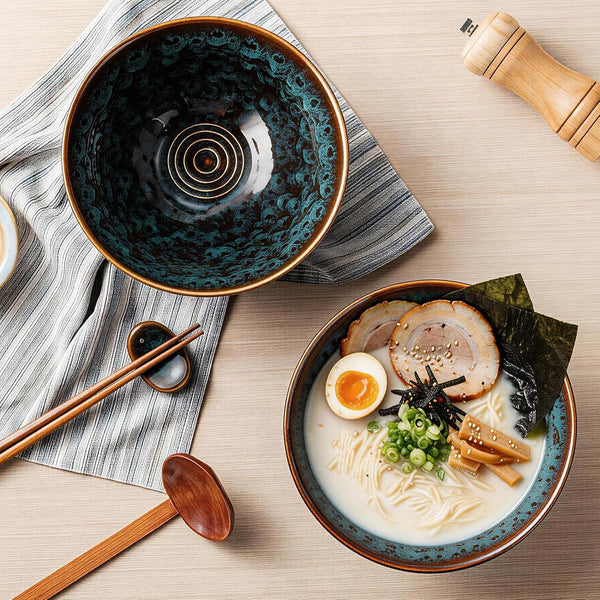 8 Inch Ceramic Ramen Bowl Set of 2, 40Oz Japanese Bowls with Spoons & Chopsticks,Durable,Microwave & Dishwasher Safe,Perfect for Ramen,Pho,Salad,Soup,Noodles，Mixing Bowls（Verdigris Green）4