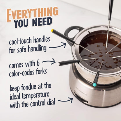FPS200 6-Cup Stainless Steel Electric Fondue Pot with Temperature Control, 6 Color-Coded Forks and Removable Pot - Perfect for Chocolate, Caramel, Cheese, Sauces and More4