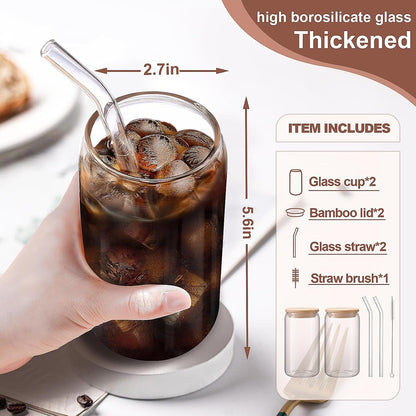 Iced Coffee Cups with Lids 2 Pcs,16 Oz Glass Cups with Lids and Straws as Coffee Bar Accessories,Beer Drinking Glasses,Reusable Glass Tumbler,Cute Coffee Cups for Coffee, Juice, Gifts3