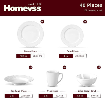 Homevss, New Bone China Dinnerware Set, Embossed Pearl Design, 40Pc Dinnerware Set2