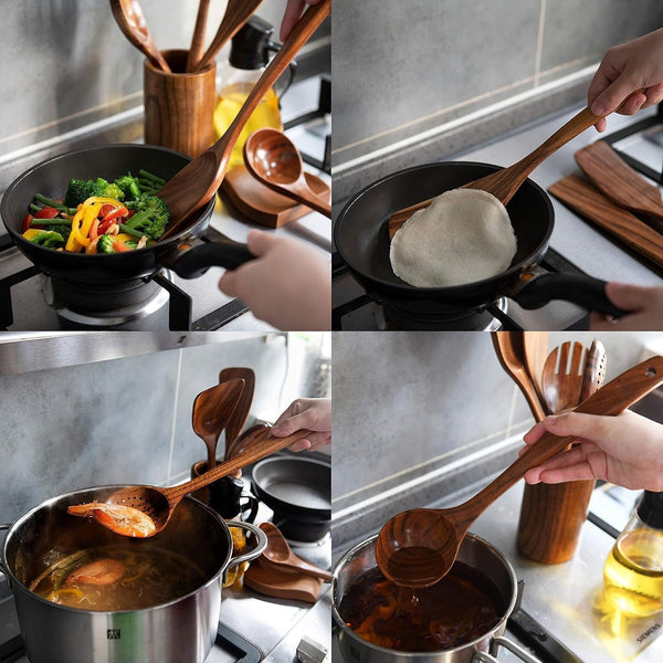 Wooden Utensil Set, 8 Pcs Teak Wooden Spoons for Cooking with Holder9