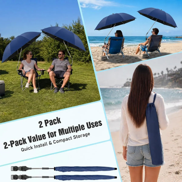 2 PACK Beach Umbrella with Clamp, 360 ° Adjustable Umbrellas for Chair, UPF50+ Umbrella for Beach Chair, Patio Chair, Wheelchair, Camping Chair, Golf Carts (Chair Not Included)7