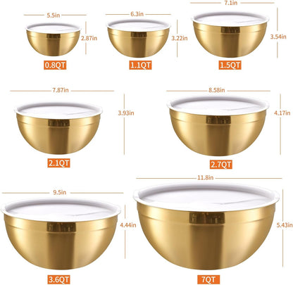 Gold Mixing Bowls with Airtight Lids, Stainless Steel Nesting Mixing Bowls Set of 7, Ideal for Baking, Prepping and Serving Food, Size 7, 3.6, 2.7, 2.1, 1.5, 1.1,0.8 QT, Stackable Design2