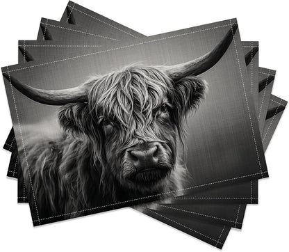 Highland Cattle Placemats Set of 4, Farm Rustic Black White Animals Western Rustic Art Printed Dining Table Mats for Party Restaurant Home Kitchen Holiday Decor 18X12 Inch1