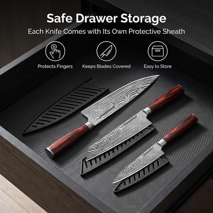 3-Piece Kitchen Knife Set, High Carbon Stainless Steel Sharp Knives with Sheaths - 8" Chef, 7.5" Kiritsuke, 5" Utility Knives for Home Cooks, Cooking, Meat & Vegetables8