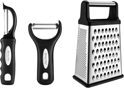 Swivel Vegetable Peeler & Y Peeler with Sharp Stainless Steel Blades & Professional XL Cheese Box Grater - 3 Product Bundle - Black1