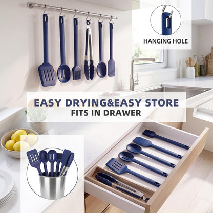Kitchen Utensils Set 6 Pcs,Silicone Cooking Utensils Set Spatula Set,446℉ Heat Resistant Cooking Utensils,Tongs,Spoon,Bpa Free Kitchen Gadgets Appliances for Non-Stick Cookware,Home Essential(Blue-6P)8