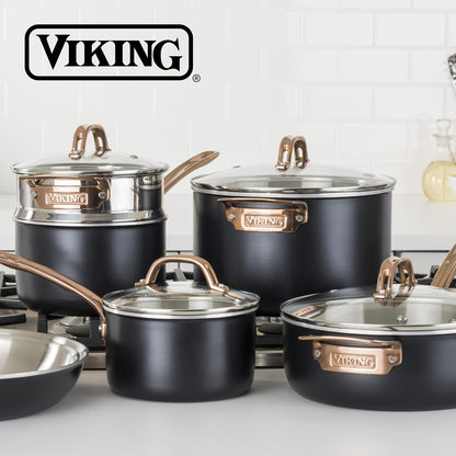 Viking 3 Ply Pots and Pans Set, 11 Piece Stainless Steel Kitchen Cookware with Glass Lids, Black with Copper6