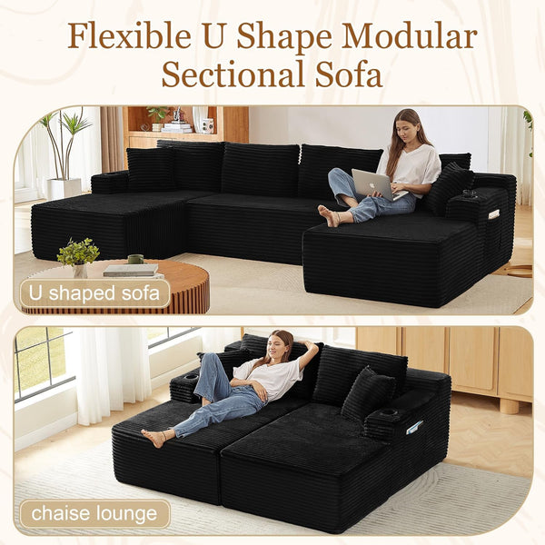 134 Inch Modular Sectional Sleeper Sofa, Boneless Cloud Couch for Living Room, U Shaped 5 Seat Sofa with 2 Storage Pockets& 2 Cup Holders, Free Combination, No Assembly Required (Black)5