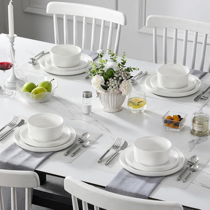 12 Pieces Porcelain Dinnerware Set, Modern White Dish Set for 4, Premium Serving Plates and Bowls Sets, Chip and Scratch Resistant Dishware Sets Kitchen Dishes Dining Ware Set, Series LEAH5