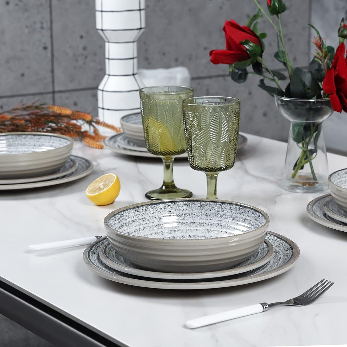 melamine-dinnerware-sets-12-pcs-service-for-4-plates-bowls-sets-grey