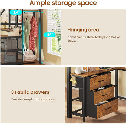 Stairway Twin Size Loft Bed with L Shaped Desk and Wardrobe, Metal Loft Bed Frame with Storage Stairs, 3 Fabric Drawers, LED Lights & Charging Sation (Rustic Brown, Twin)6