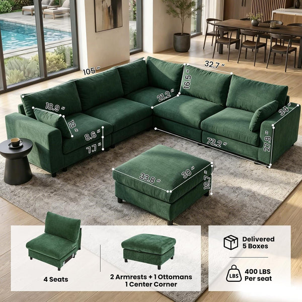 Oversized Couch Modular, V Shaped Big Comfy Couch with Ottoman Storage, Deep Seat Sectional Sofa Solid Wood Frame, Home Sofa Living Room, Office, Removable Cover, Green8