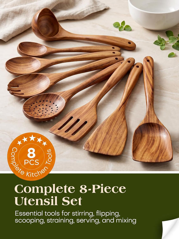 Teak Wood 8-Piece Wooden Kitchen Utensils Set, Wooden Spoons for Cooking, Smooth Wood Spatula Set for Nonstick Cookware, Daily Cooking, Housewarming Gift5