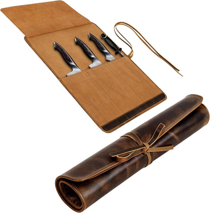Leather Knife Roll Bag Professional Chef Knife Case, Durable Knife Sheath Holder, Cooks & Culinary Tools Carrying Storage, Portable Knife Wrap - 4 Slots1