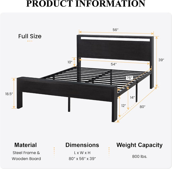 Full Size Bed Frame, Wooden Headboard and Footboard, Black Oak2