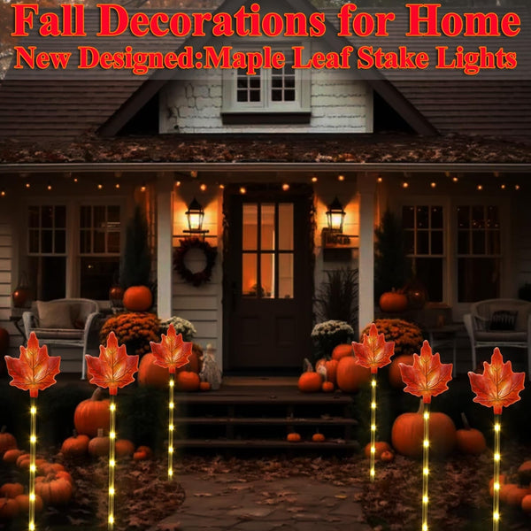 Fall Decor Solar Pathway Lights Outdoor Thanksgiving Decorations, 6 Pack Fall Leaves Solar Thanksgiving Maple Leaf Garden Stake Lights for outside Patio Yard Wedding Party Autumn Decor2