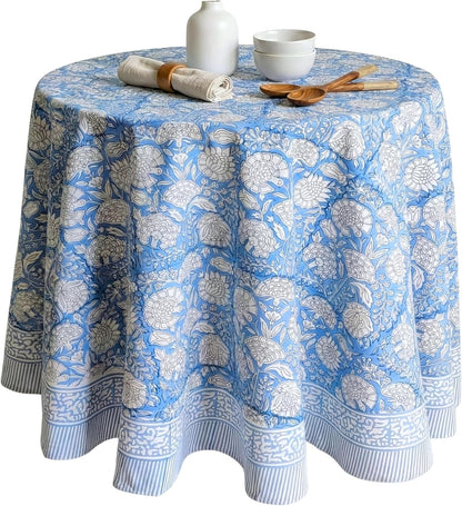Cotton Blockprint round Tablecloth, Azora Blue, 90 Inches1