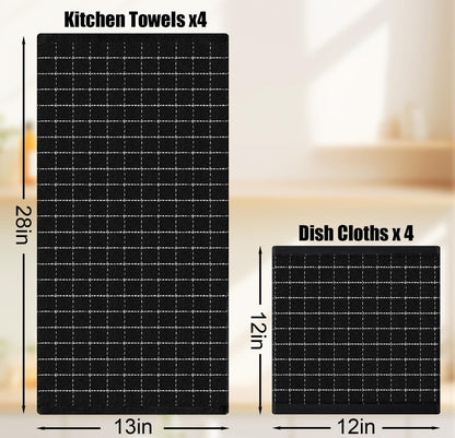Kitchen Towels and Dishcloths Set, Set of 8, Black | Bulk Cotton Terry Kitchen Towels, Checkered Designed, Soft and Super Absorbent Dish Towels, 12 X 12 and 13 X 28 Inches4