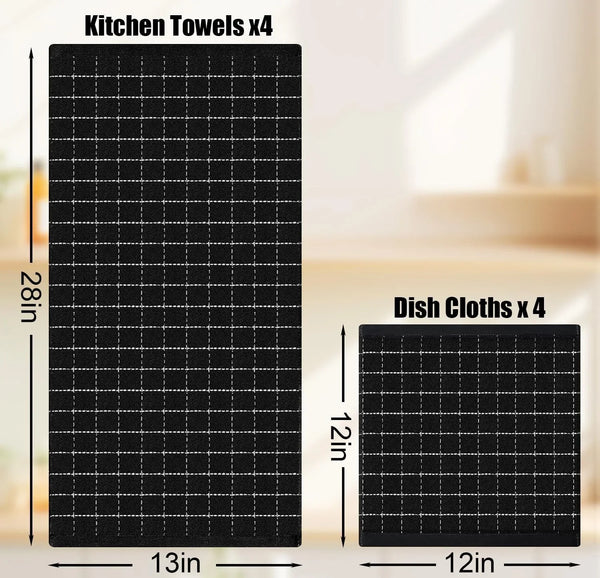 Kitchen Towels and Dishcloths Set, Set of 8, Black | Bulk Cotton Terry Kitchen Towels, Checkered Designed, Soft and Super Absorbent Dish Towels, 12 X 12 and 13 X 28 Inches4