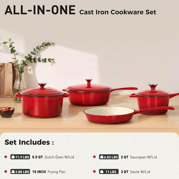 Enameled Cast Iron Cookware Set, 7 Piece Induction Dutch Oven Set with Lid, Red Pots and Pans Set Nonstick, PFOA&PFAS Free2
