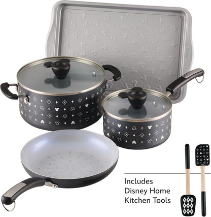 Disney Monochrome Ceramic Nonstick Cookware Pots and Pans with Baking/Bakeware Cookie Pan and Kitchen Cooking Tool Set, Dishwasher Safe, 8 Piece Cookware Set - Black2