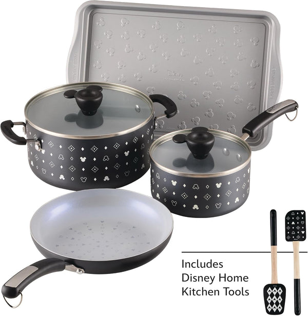 Disney Monochrome Ceramic Nonstick Cookware Pots and Pans with Baking/Bakeware Cookie Pan and Kitchen Cooking Tool Set, Dishwasher Safe, 8 Piece Cookware Set - Black2