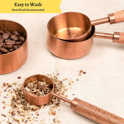 Copper Stainless Steel Measuring Cups and Spoons Set of 8, Wooden Handle with US and Metric Measurements8
