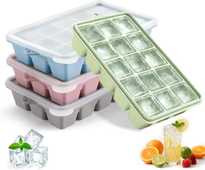 4-Pack Silicone Ice Cube Trays with Lid, Easy Release Ice Cube Molds, Reusable and Stackable Ice Trays for Freezer for Cocktail, Whiskey, Baby Food, BPA Free (Multicolour)1