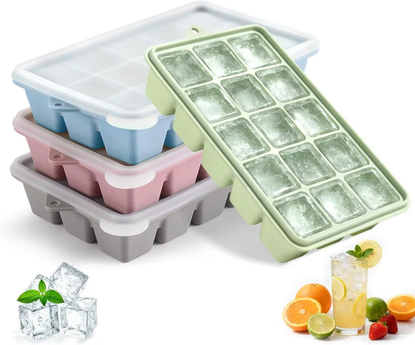 4-Pack Silicone Ice Cube Trays with Lid, Easy Release Ice Cube Molds, Reusable and Stackable Ice Trays for Freezer for Cocktail, Whiskey, Baby Food, BPA Free (Multicolour)1