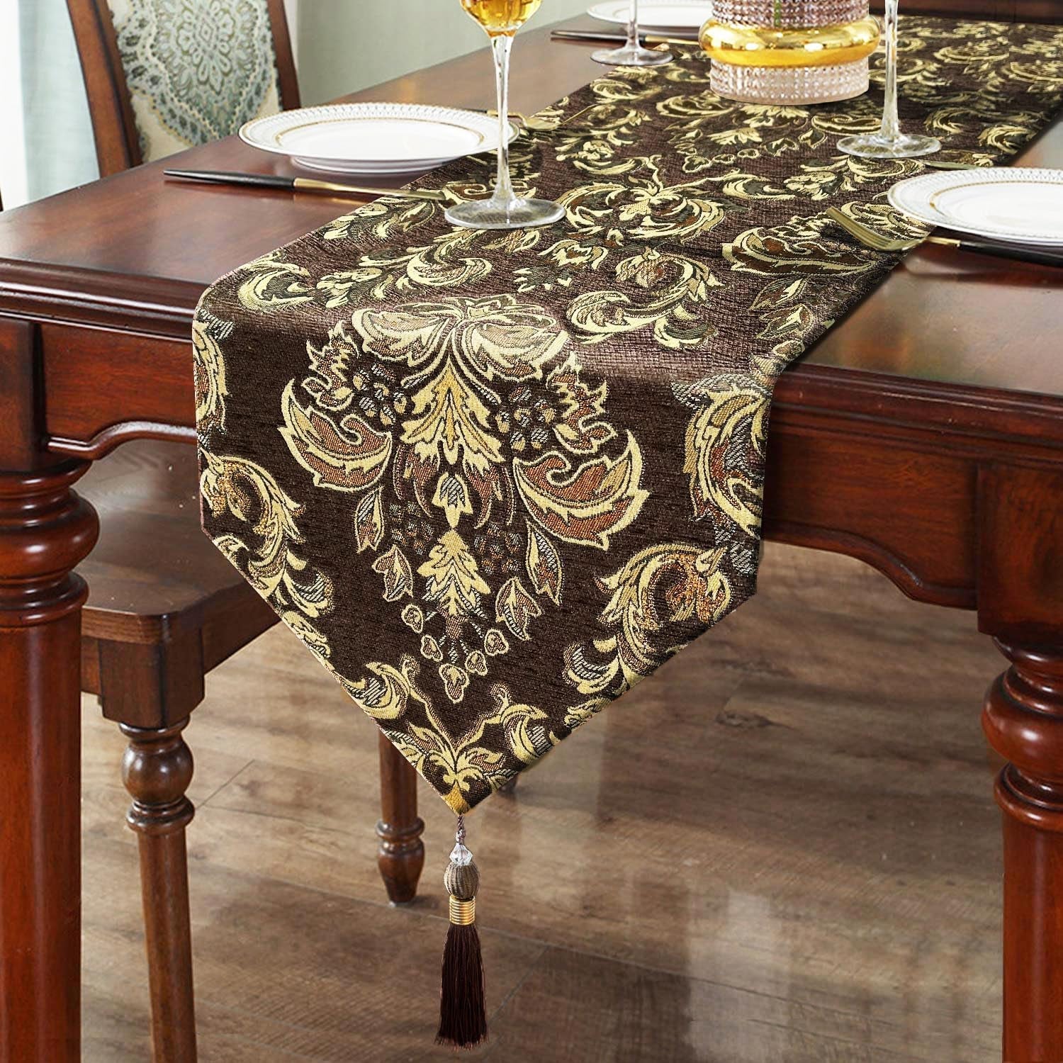 table-runners-retro-flowers-luxury-jacquard-with-tassels-dark-brown-13x60
