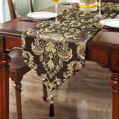 Table Runners Retro Flowers Luxury Jacquard with Tassels Dark Brown 13X601