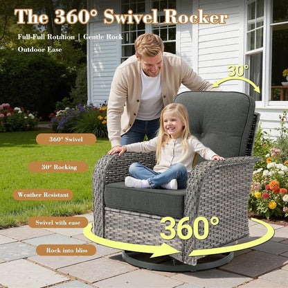 5 Pieces Patio Furniture Set, All Weather Rattan Patio Conversation Sets with Swivel Rocking Chairs, Coffee Table, High Back Outdoor Furniture Loveseat for Porch, Backyard, Black3
