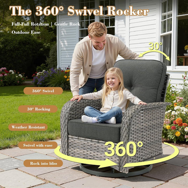 5 Pieces Patio Furniture Set, All Weather Rattan Patio Conversation Sets with Swivel Rocking Chairs, Coffee Table, High Back Outdoor Furniture Loveseat for Porch, Backyard, Black3