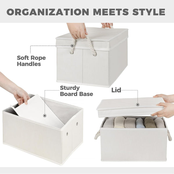 Set of 3 Fabric Bins for Organization - Foldable & Stackable with Lid & Rope Handles - Collapsible Fabric Storage Cubes Lightweight & Sturdy Bottom, Space Saving Collapsible Bin, Ivory5
