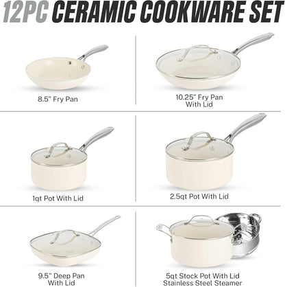 12 Pc Ceramic Cookware Set Nonstick, Ceramic Pots and Pans Set Non Stick with Steamer for Cooking, Non Toxic PFOA PFOS Free, Premium Stay Cool Handles, Oven & Dishwasher Safe2