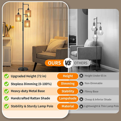 72" Boho Rattan Tree Floor Lamp, Tall Dimmable Industrial Standing Lamp, Corner Decor Accent Lighting for Living Room, Bedroom, Dining Room, Nursery, Cafe (3 X 800LM Bulbs Included) - Black3