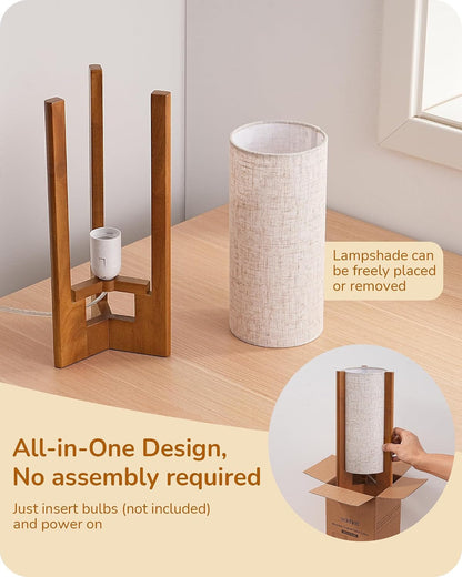 13.5" Small Table Lamp, Walnut Wood Cylinder Nightstand Lamp, E26 | Beige Linen Shade, On-Off Line Switch, Three-Sided Base, Corner Modern Bedside Lamp for Living Room, Bedroom4