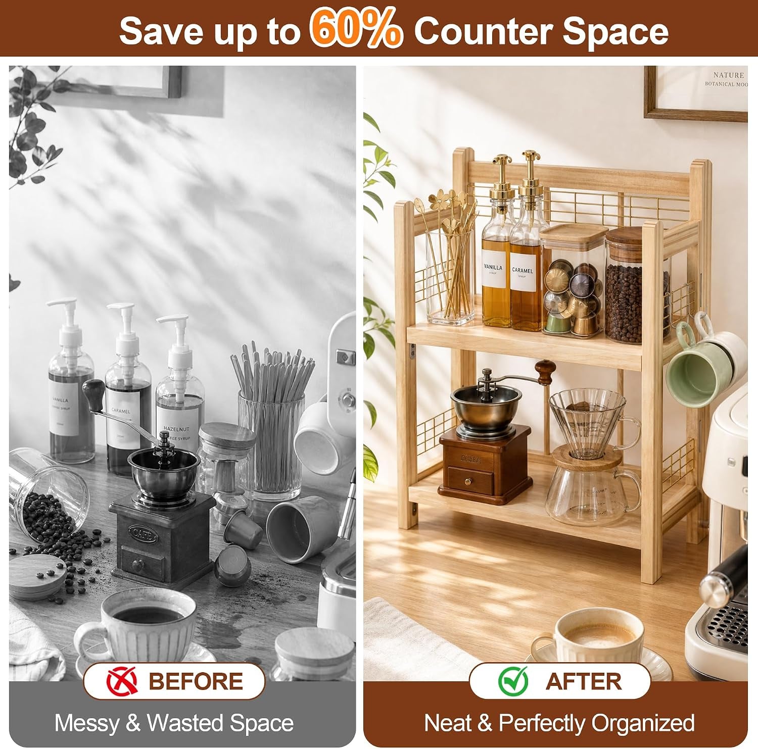 no-assembly-coffee-bar-organizer-2-tier-coffee-station-shelf-foldable-oak-wood-shelf-coffee-station-accessories-storage-for-syrup-pod-3-hooks-for-mugs-kitchen-condiment-rack-natural