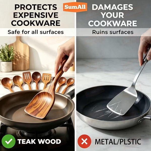 9 Pcs Teak Wooden Utensil Set with Hooks, Wooden Spoons for Cooking, Wood Cooking Utensils Set, Comfort Grip, Non Stick Cookware, Easy to Clean, Kitchen Stuff, Wood Spatula6
